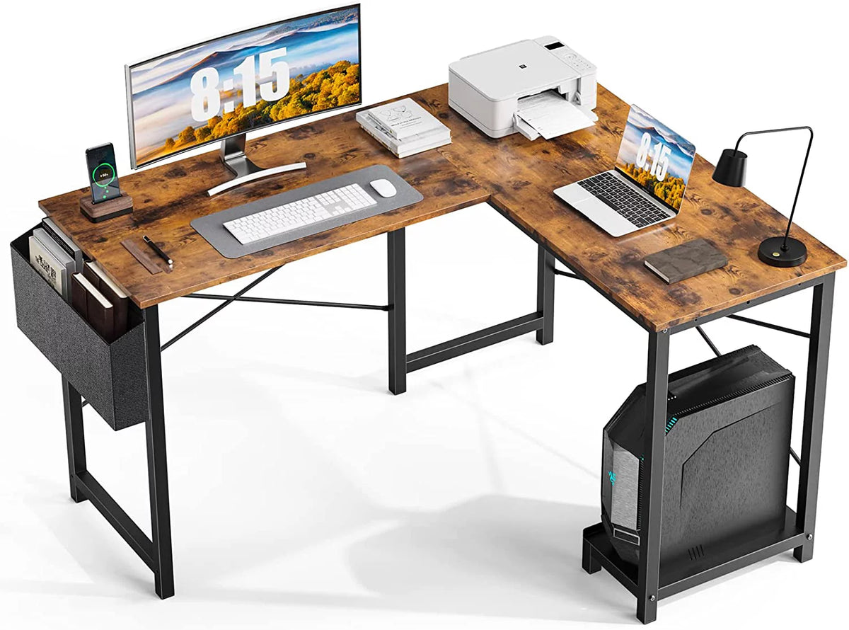 L Shaped 49 Inch Computer Desk with Storage Bag CPU Stand Rustic Brown B4109