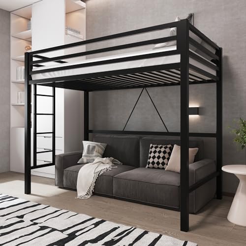 Black Twin Size Metal Loft Bed with Guardrail and Ladder V466722