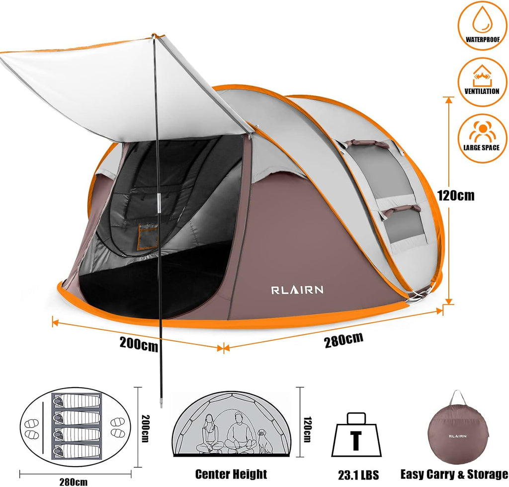 4 Person Pop Up Tent with 2 Mesh Windows & Doors Waterproof Brown V179689
