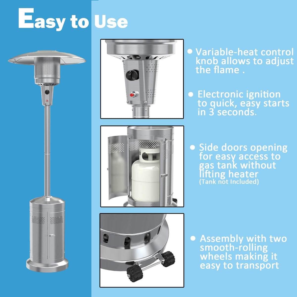 Gas Patio Heater with Wheels and Cover, 48,000 BTU Portable Propane Heater E433