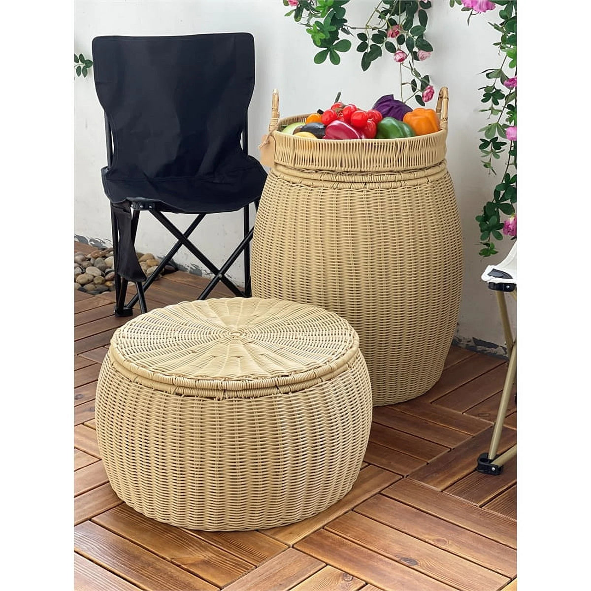Wicker Rattan Storage Footstool Q48875