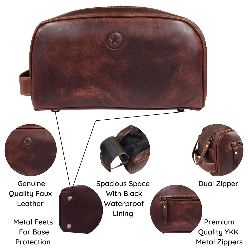 Genuine Leather 10" Toiletry Travel Pouch with Waterproof Lining K10953