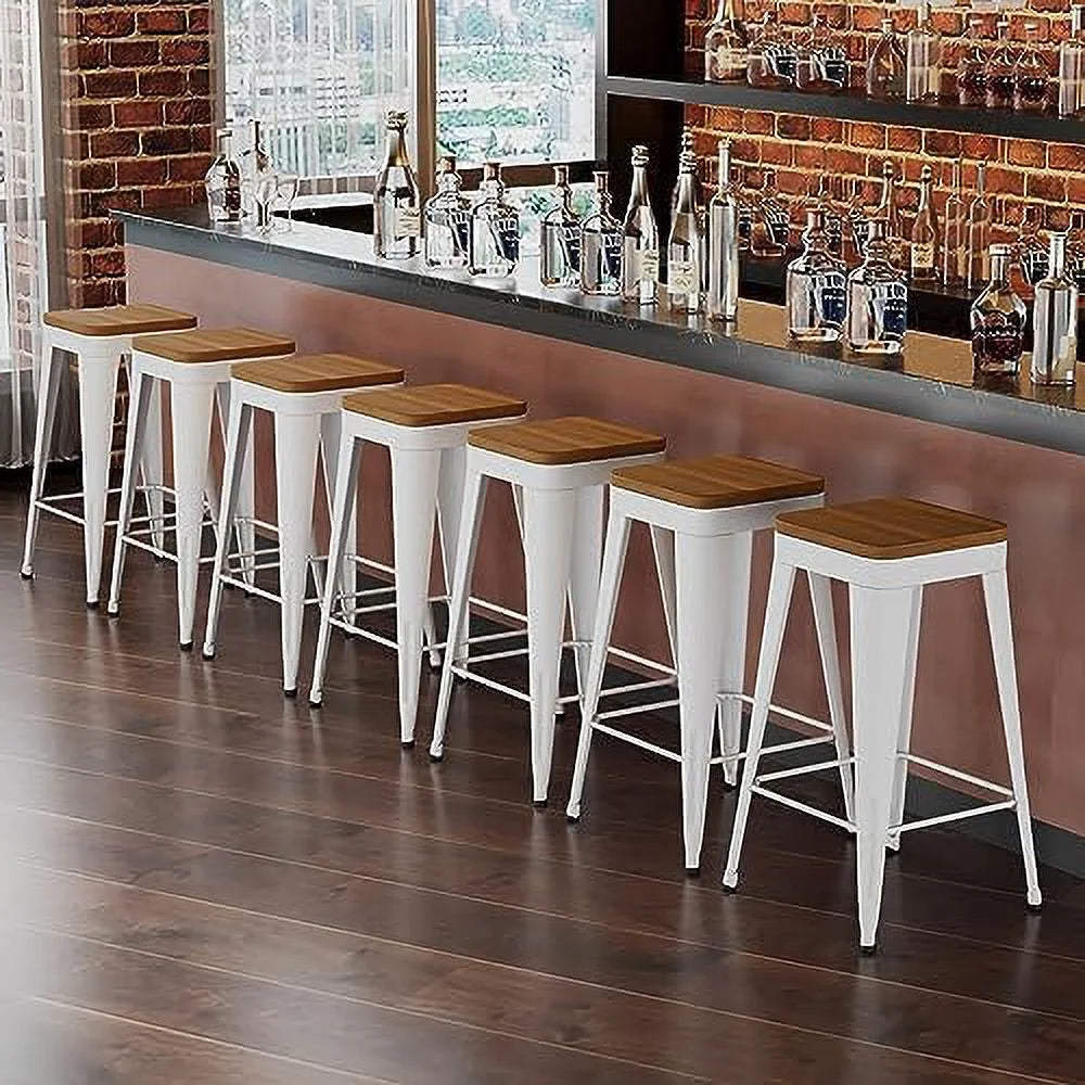 Set of 4 Metal Counter Height Stools with Back and Wooden Seat S402