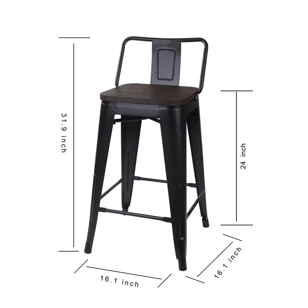 Black 24 inch Low Back Metal Barstool with Dark Wood Seat, Set of 6 K87271