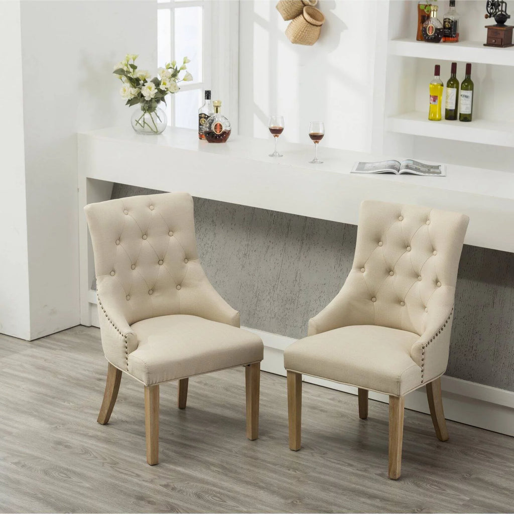 Tan Button Tufted Solid Wood Wingback Chairs Set of 2 E32048