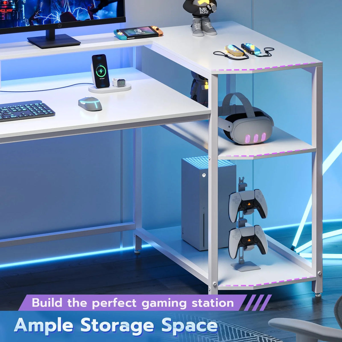 White Gaming Desk with LED Lights and Storage Shelves I49709