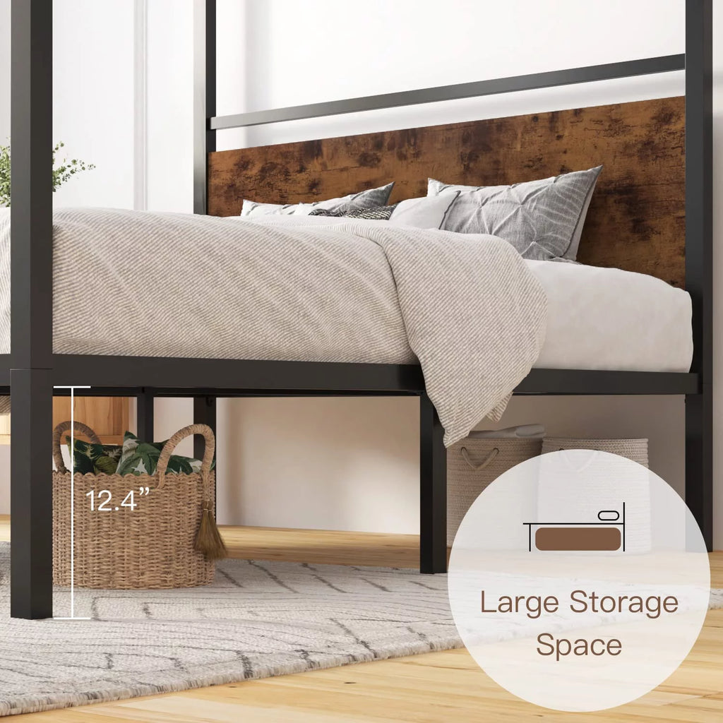 Queen Size Metal Canopy Bed Frame with Wooden Headboard L21135