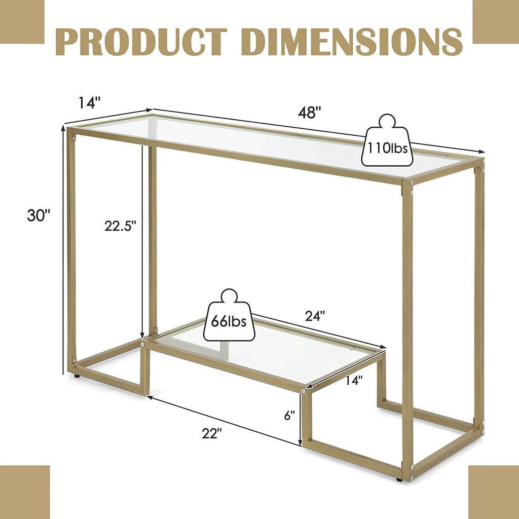 48” 2-Tier Console Table with Tempered Glass Tabletop & Golden Metal Frame X383