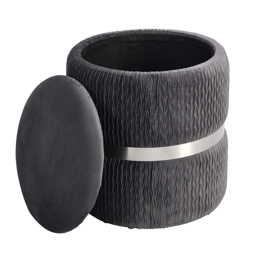 Gray Velvet Round Storage Ottoman C51345