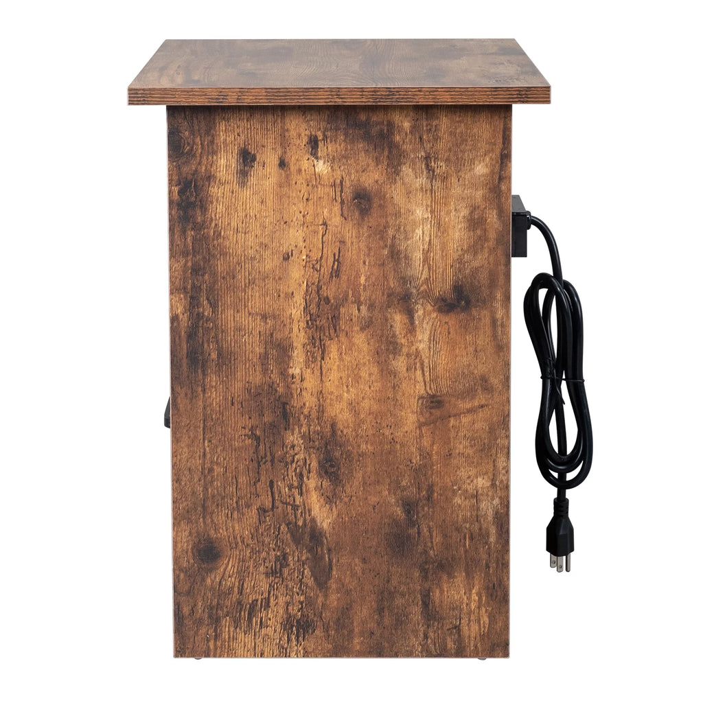 Vintage Nightstand with Charging Station, Industrial Bedside Cabinet D376