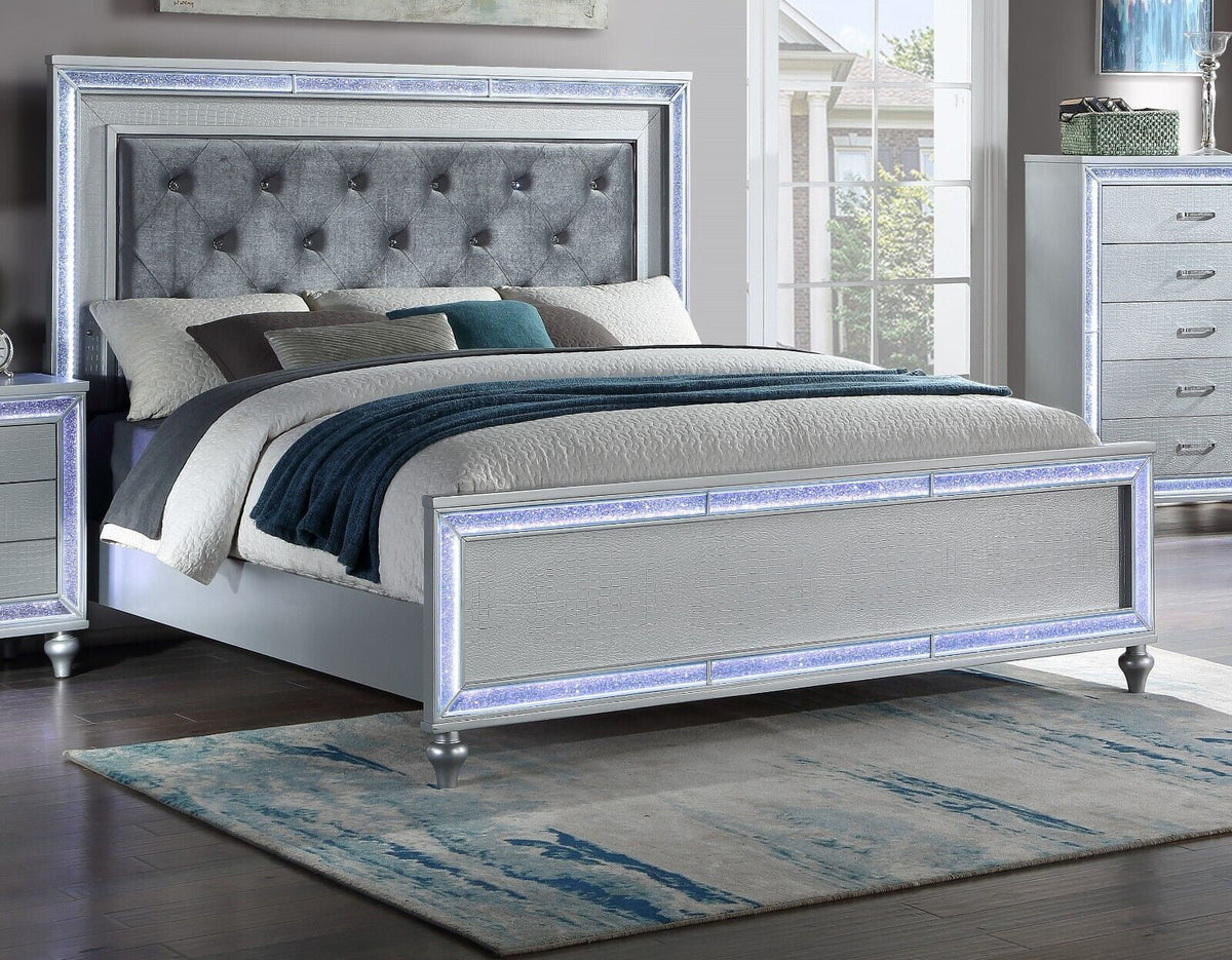 5pc King Size Upholstered Bed Dresser Mirror Nightstand Set D379763