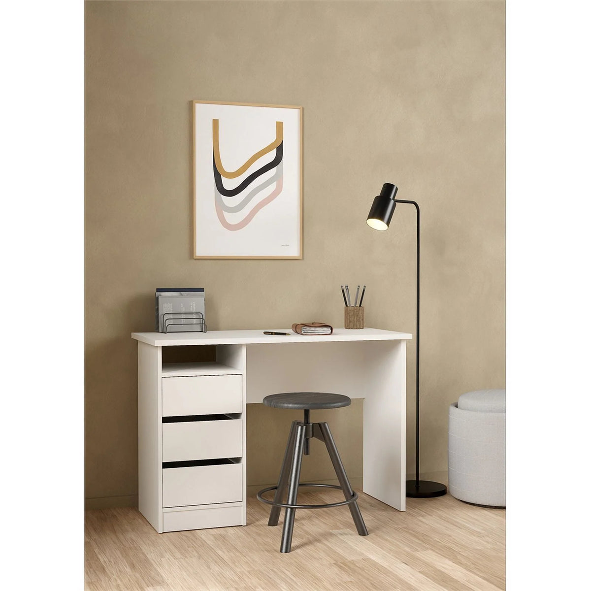 White Writing Desk with 3 Storage Drawers and Open Shelf I820667
