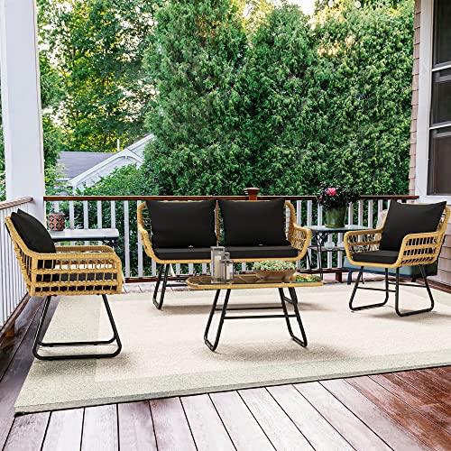 4-Piece Wicker Patio Bistro Set with Cushions and Metal Table N93614