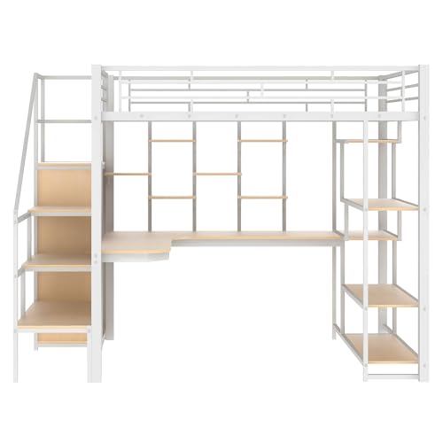 Full Size Black Metal Loft Bed with Desk, Wardrobe and Storage Stairs D915102