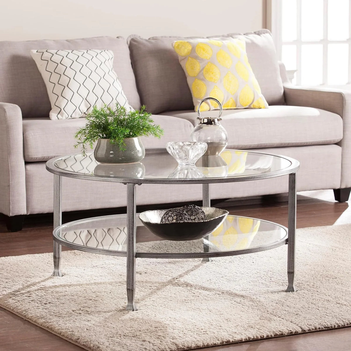 Round 2-Tier Metal Glass Coffee Table B76087