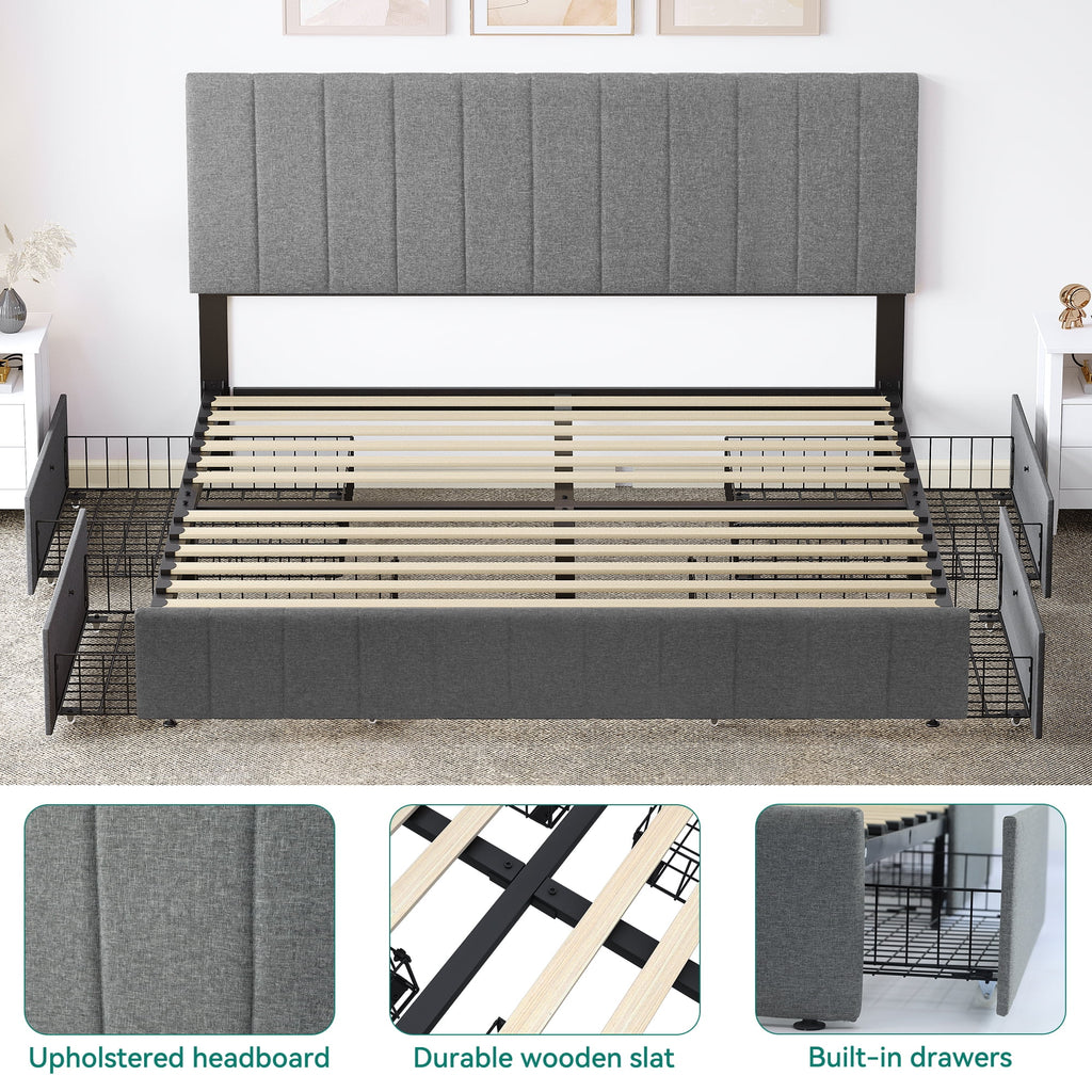 King Size Upholstered Bed Frame with 4 Storage Drawers S3976