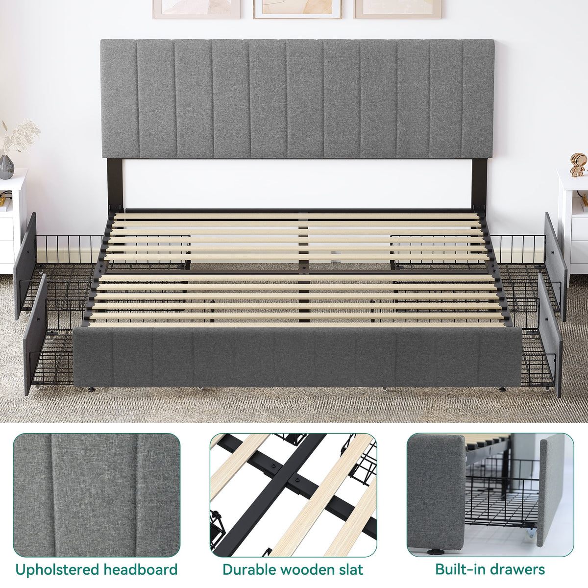 King Size Upholstered Bed Frame with 4 Storage Drawers S3976