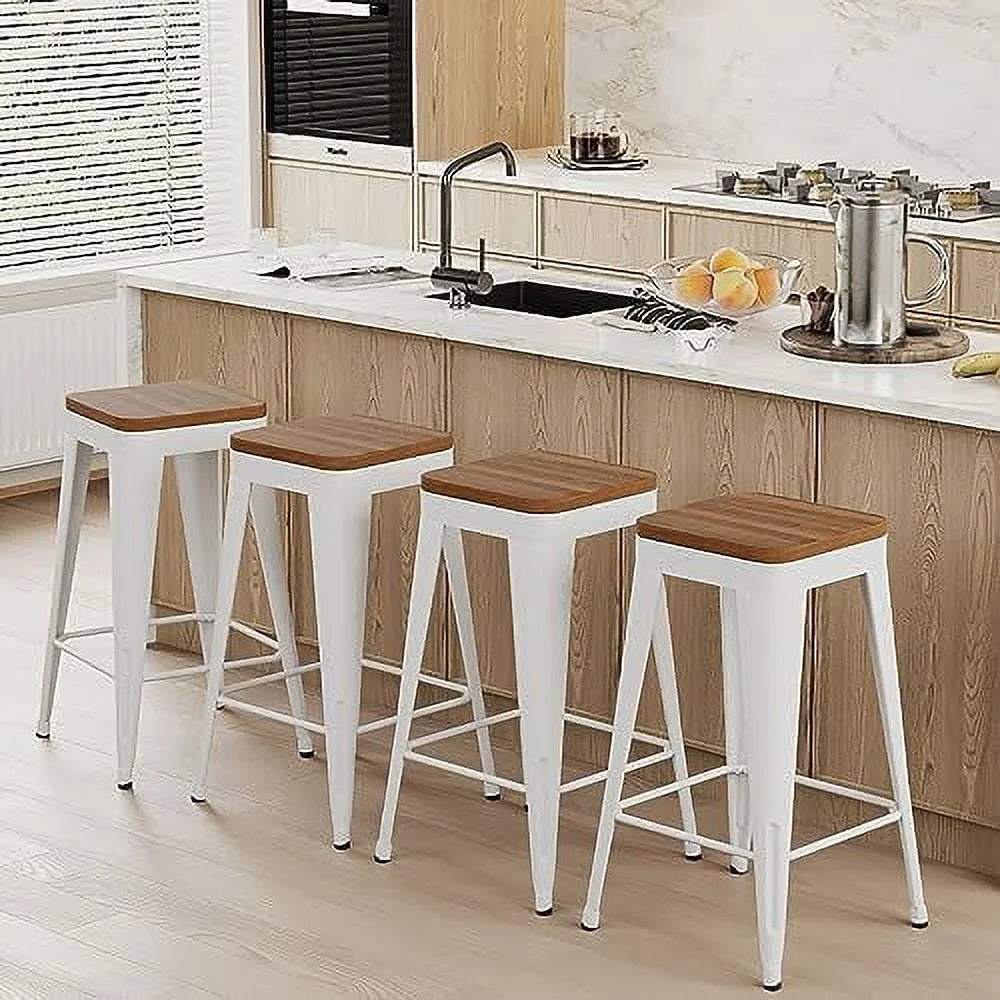 Set of 4 Metal Counter Height Stools with Back and Wooden Seat S402