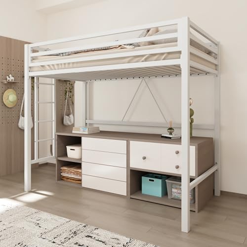 Black Twin Size Metal Loft Bed with Guardrail and Ladder V466722