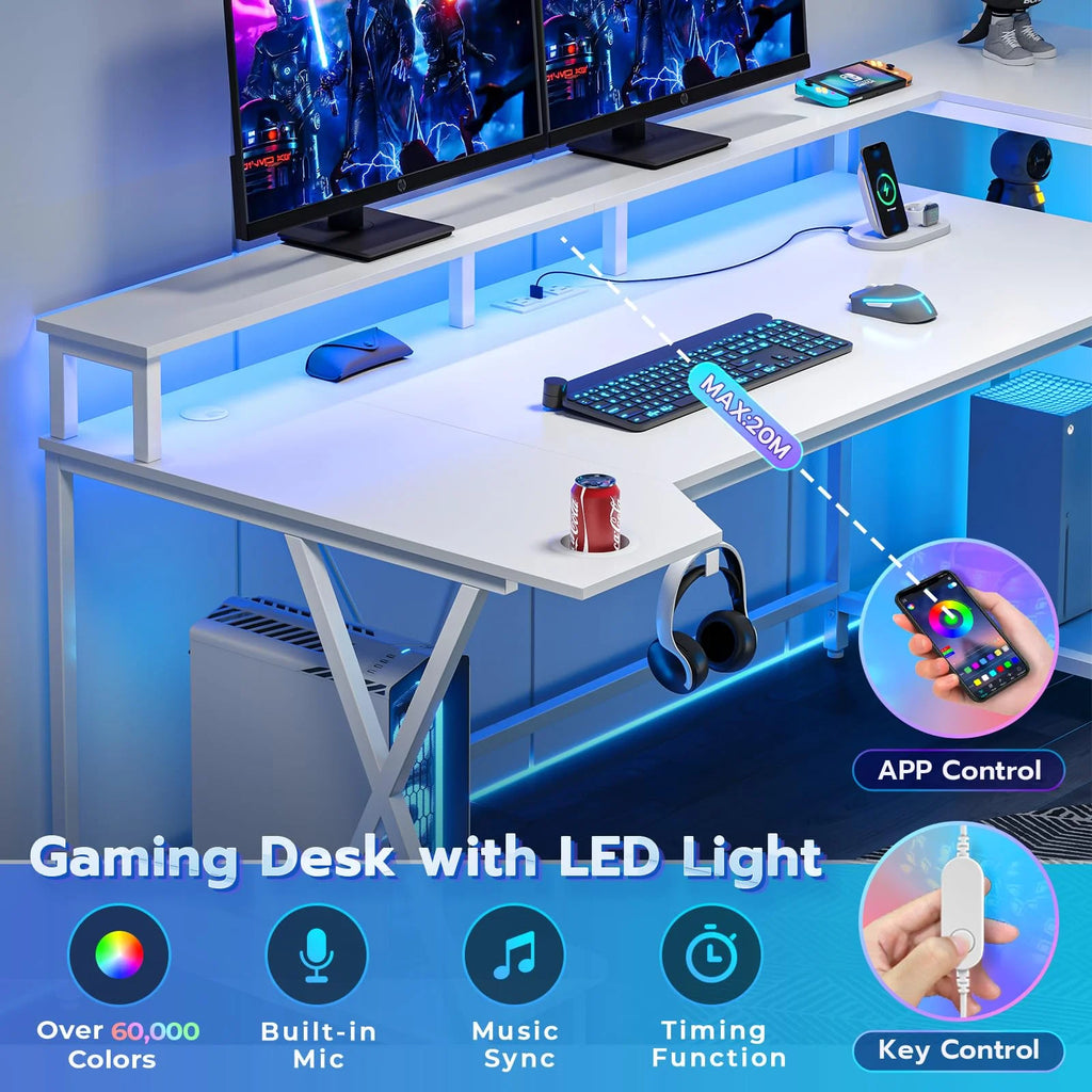 White Gaming Desk with LED Lights and Storage Shelves I49709