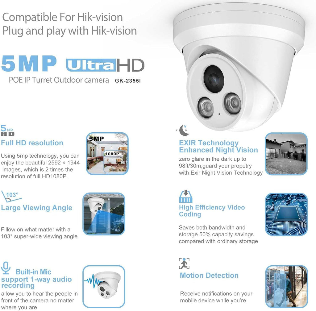 4K 8MP Outdoor PoE IP Turret Camera with Mic, 2.8mm Lens, IP67 F7370