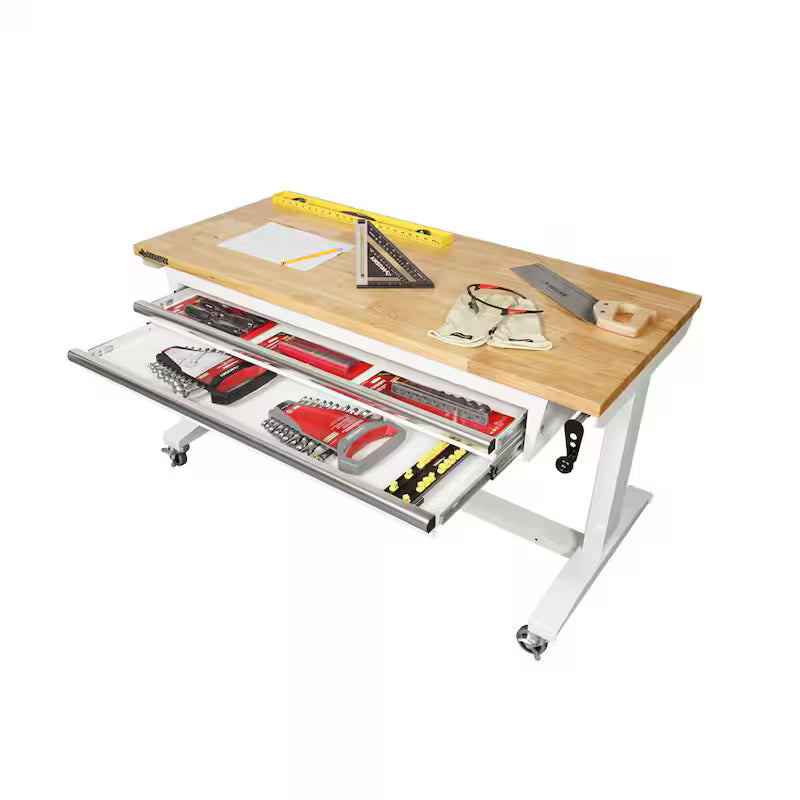 White Steel 2-Drawer Adjustable Height Workbench Table Y56754
