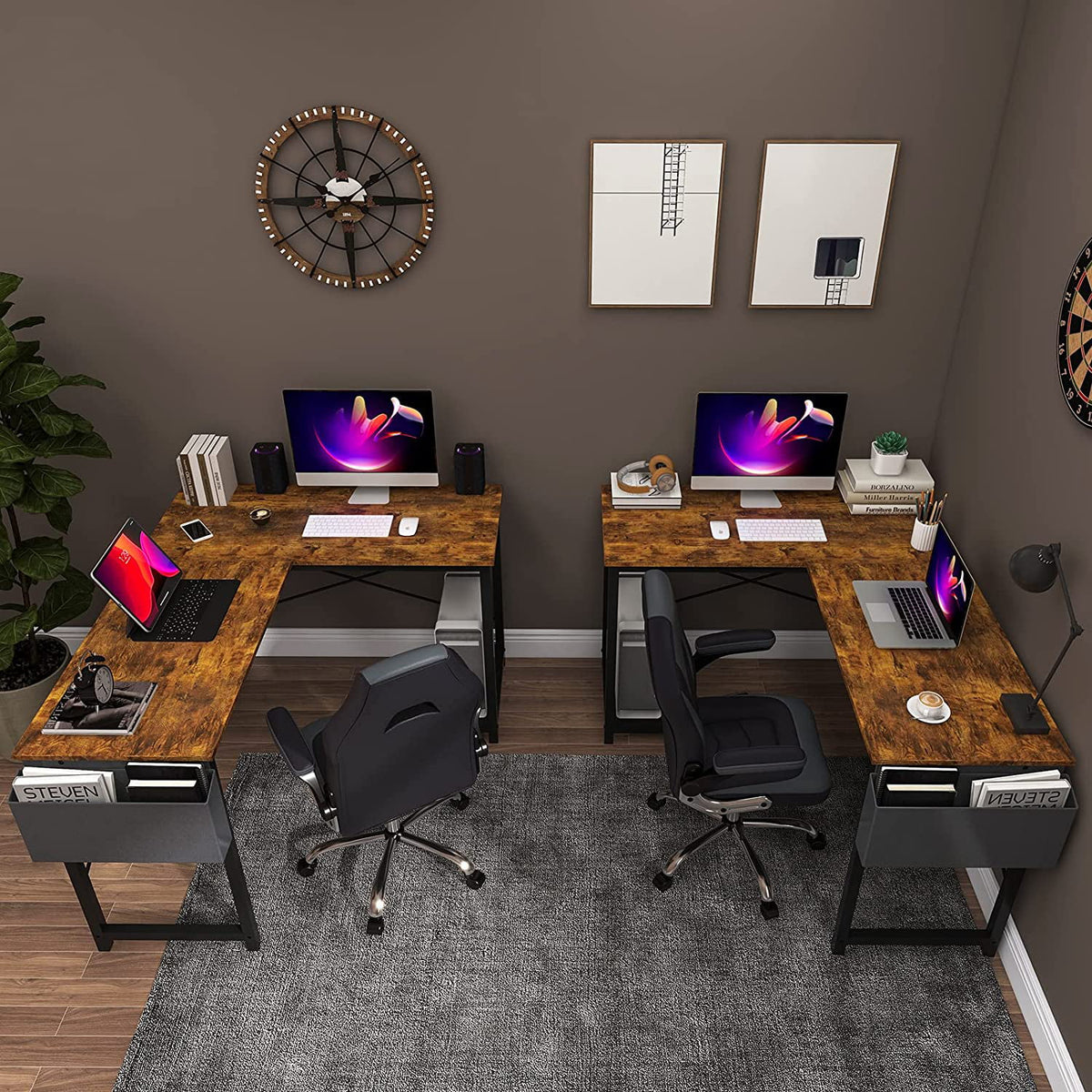 L Shaped 49 Inch Computer Desk with Storage Bag CPU Stand Rustic Brown B4109