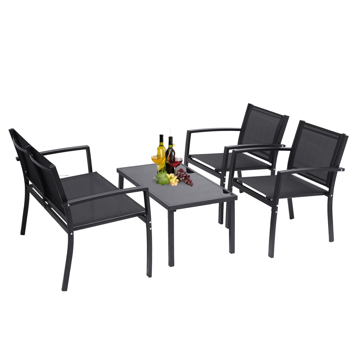 4 Pieces Patio Furniture Set with Glass Coffee Table Black S7456
