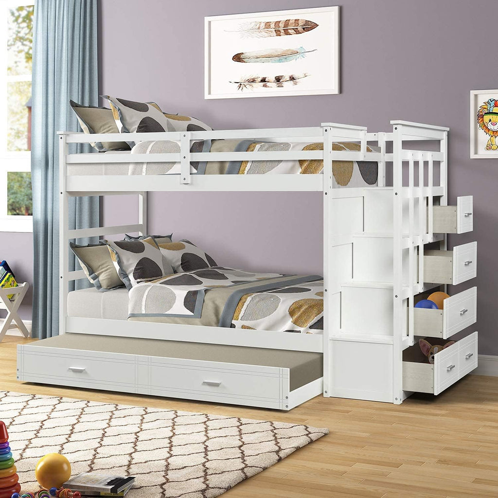 Twin Over Twin Wood Bunk Bed with Trundle and Staircase N742