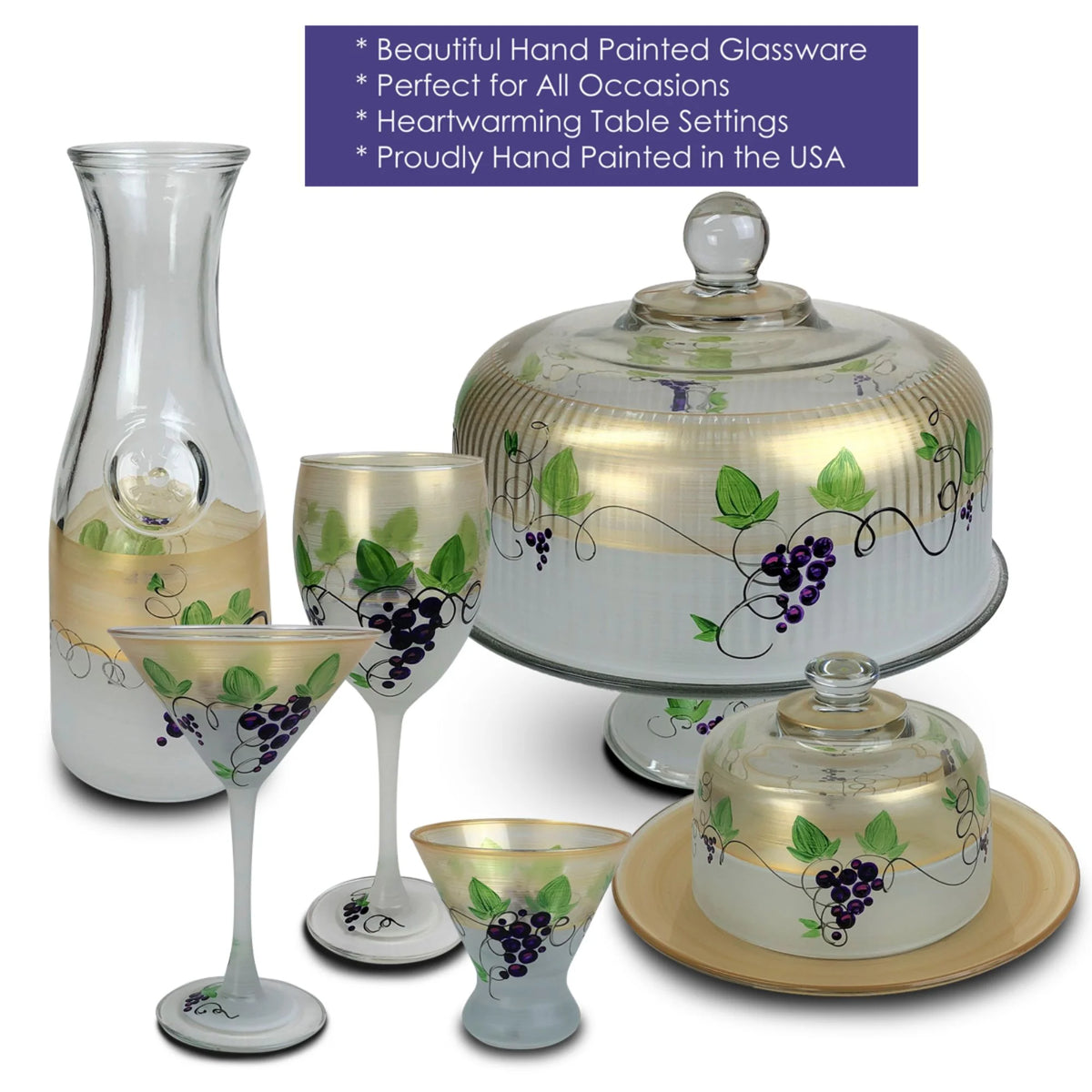 Set of 2 Gold Hand Painted Martini Drinking Glasses 7.5 oz Q85303