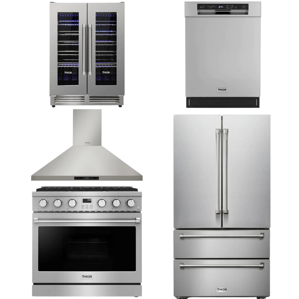 36 Gas Range, Range Hood, Refrigerator, Dishwasher and Wine Cooler O7526