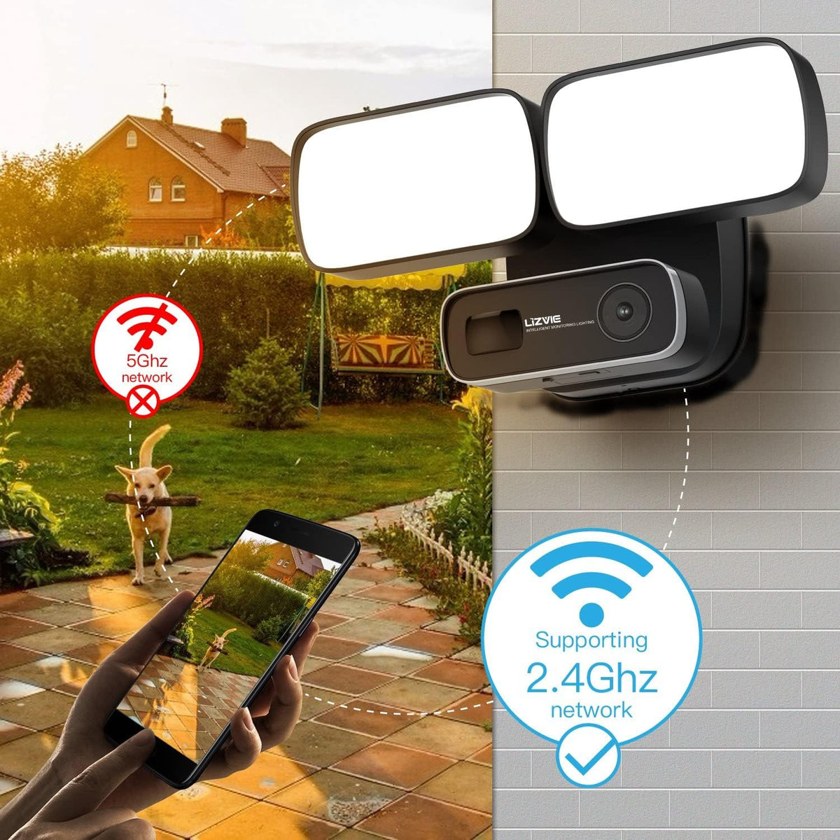 Black 1080P HD WiFi Floodlight Camera with Night Vision IP65 Waterproof F2293