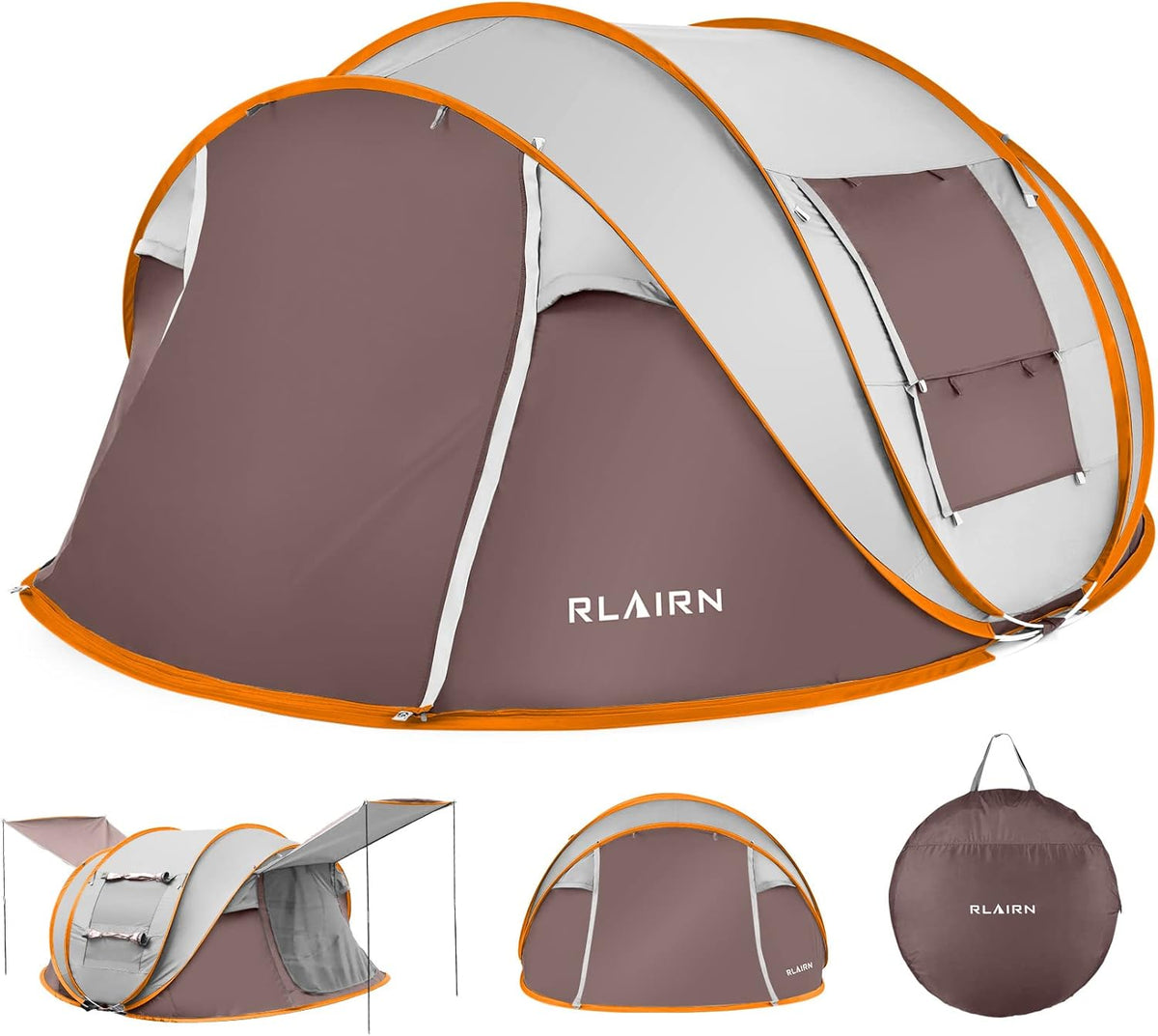 4 Person Pop Up Tent with 2 Mesh Windows & Doors Waterproof Brown V179689