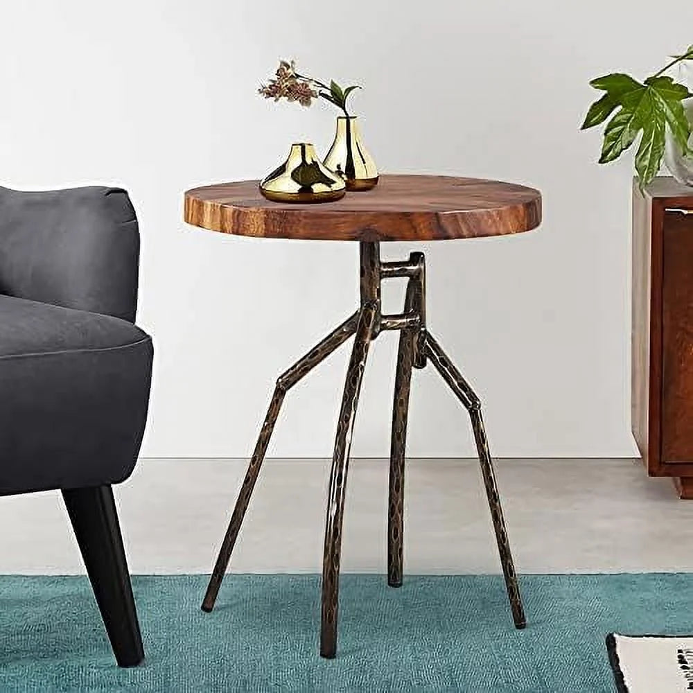Solid Wood Round End Table with Metal Leg J6931