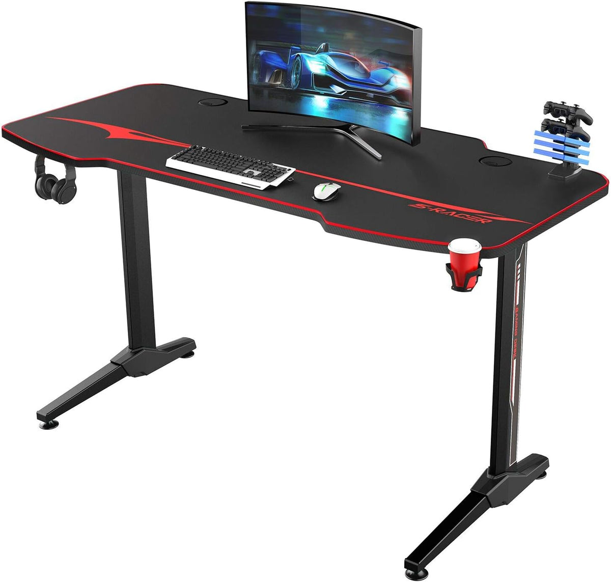 44 Inch T Shaped Gaming Desk with Cup Holder V286835