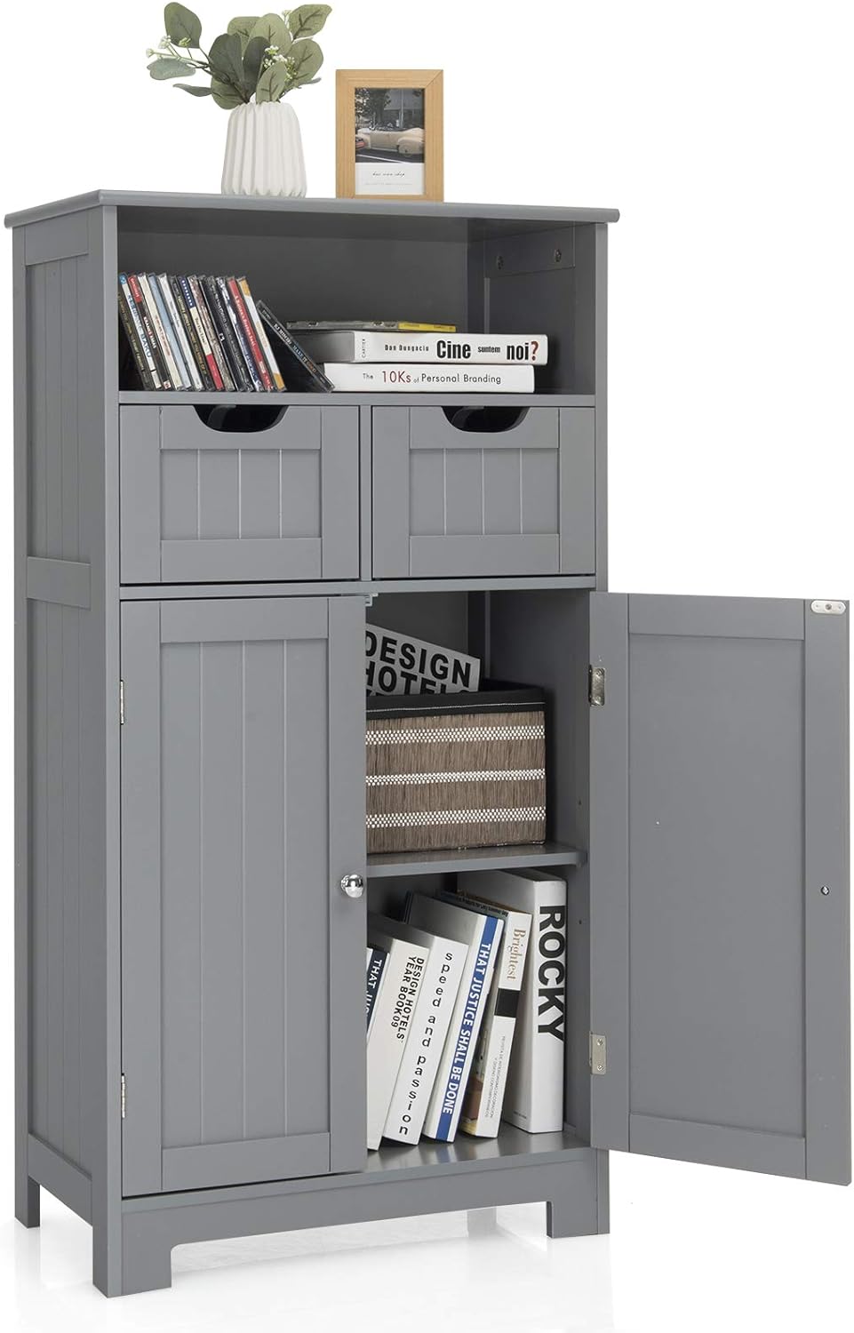 Black Bathroom Floor Cabinet with One Open Shelf Two Doors and Two Adjustable Drawers K5810