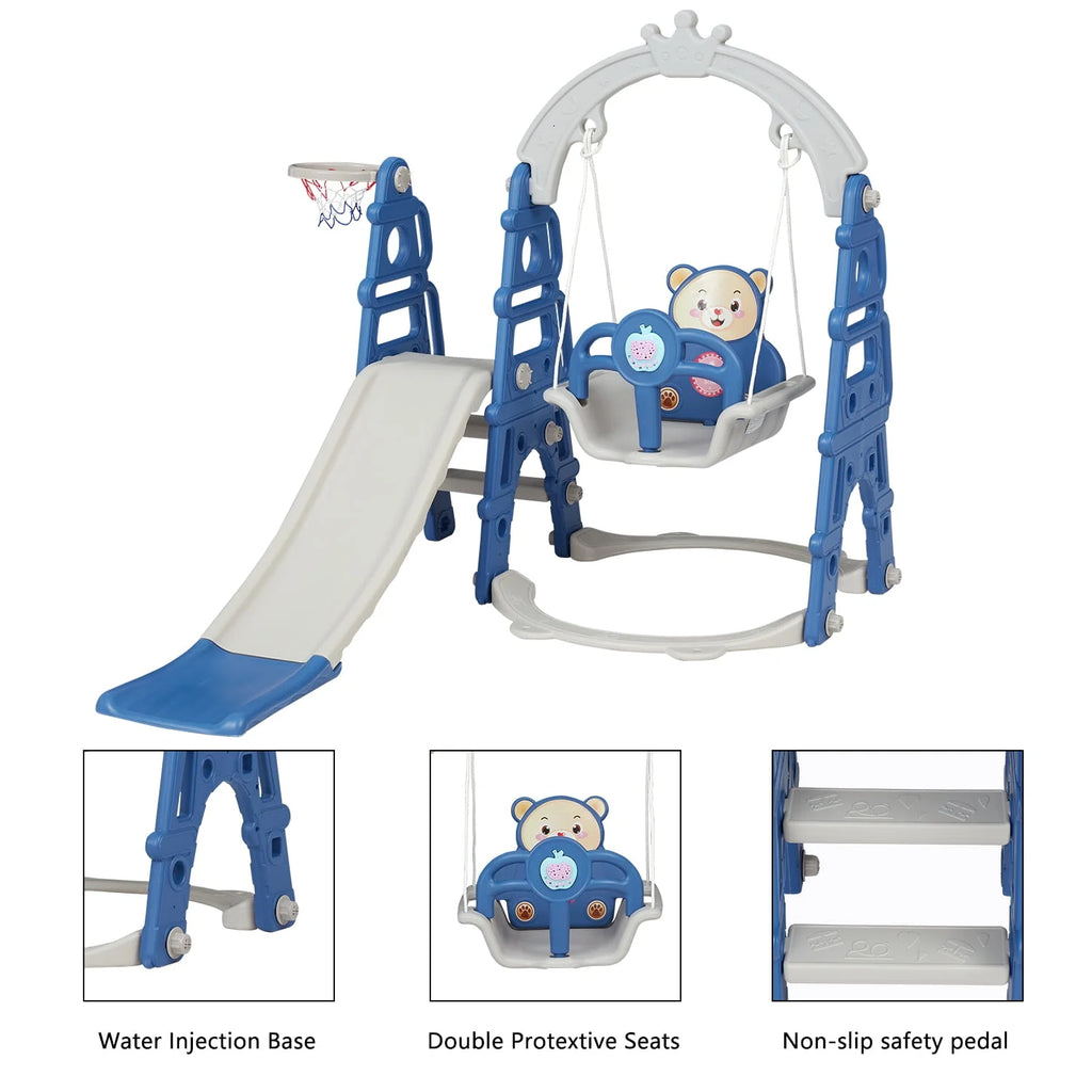 Blue Kids 5-in-1 Slides Climbing Swing Set R84304