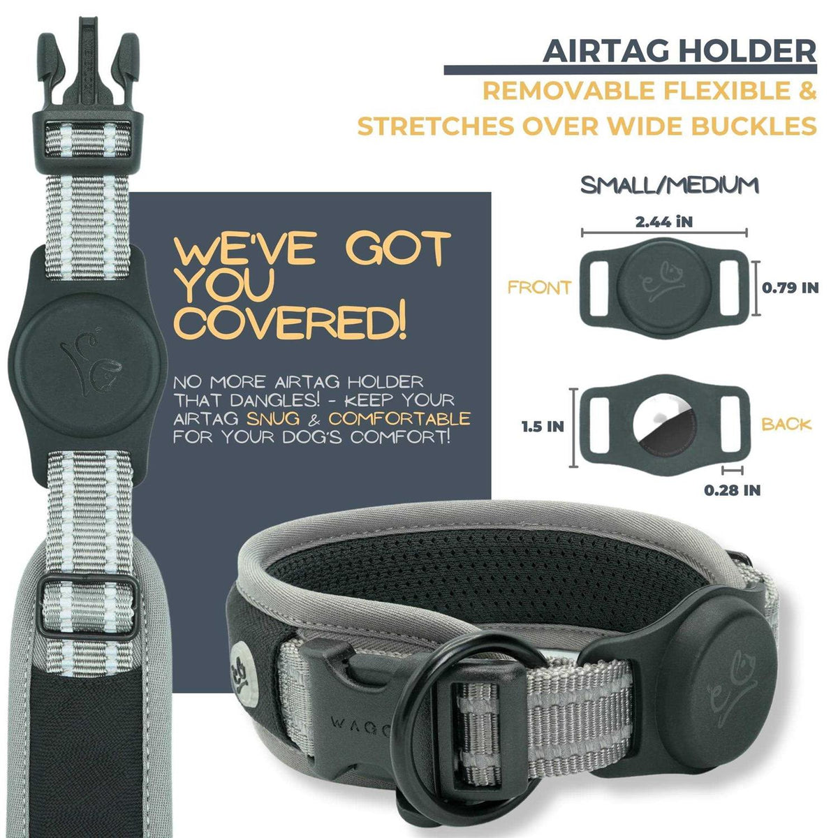 Adjustable Reflective Padded Dog Collar with Airtag Holder M222