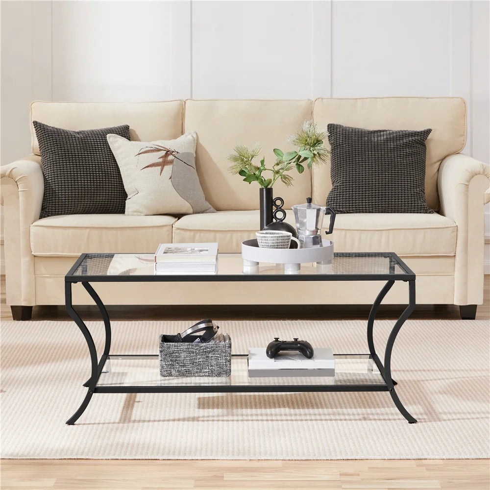 Black 2-tier Tempered Glass Coffee Table with Iron Frame C137
