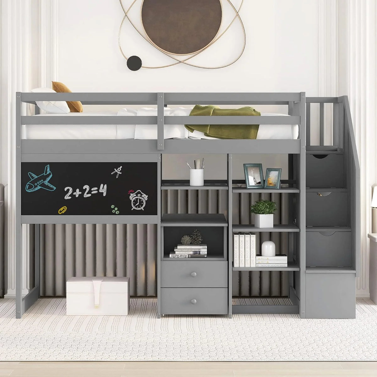 Grey Wood Loft Bed Frame with Desk Shelves Stairs J59632