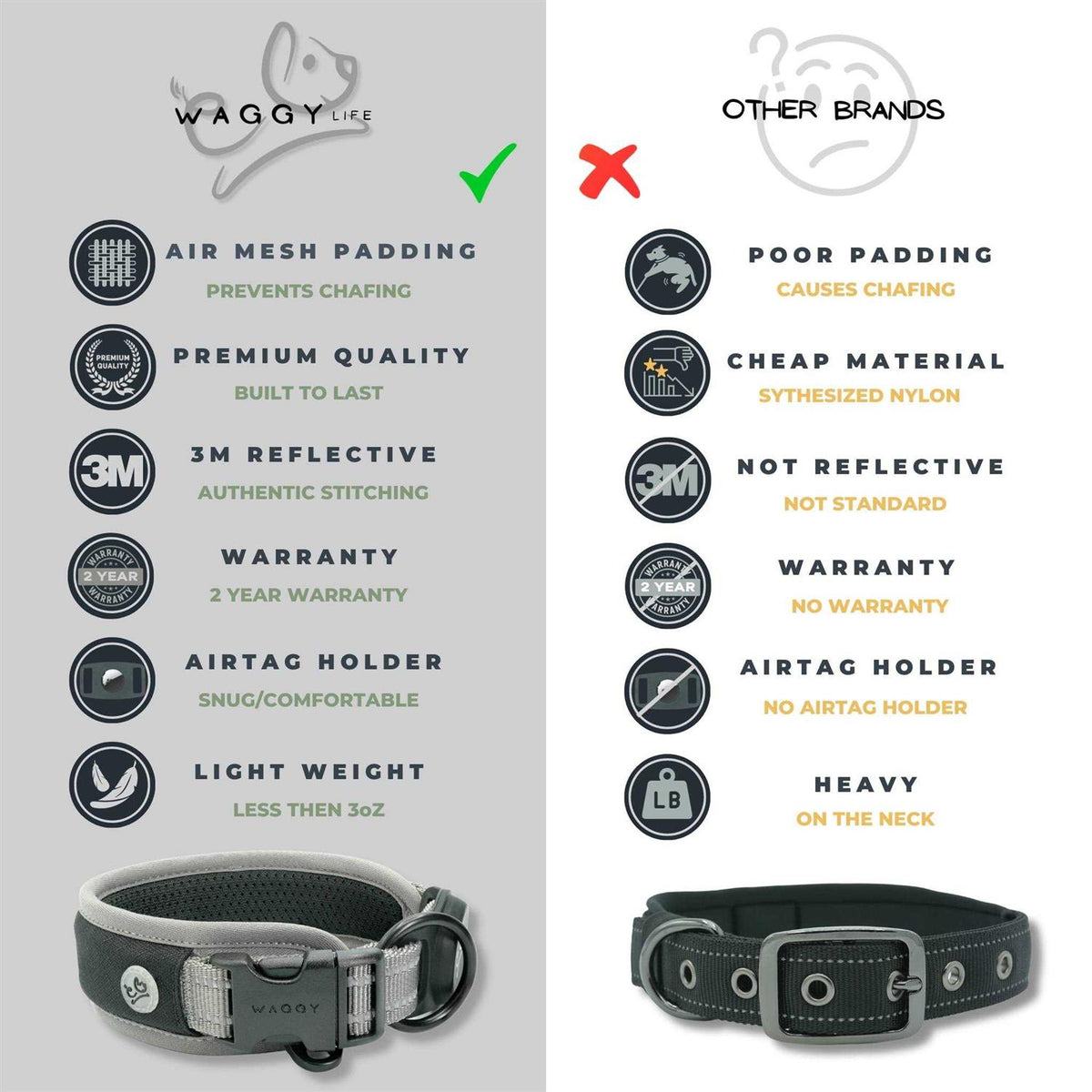Adjustable Reflective Padded Dog Collar with Airtag Holder M222