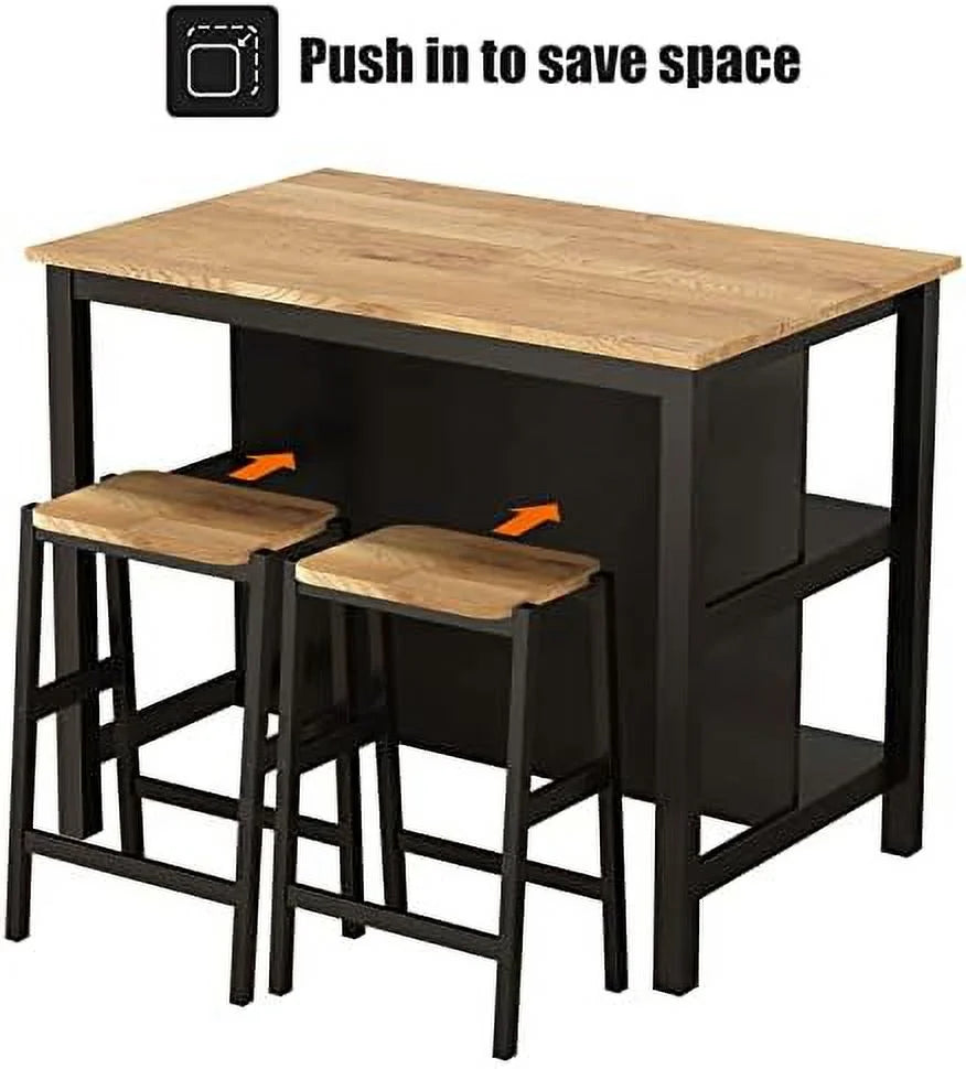 3 Piece Black Wood Dining Table Set with 2 Stools Y48484