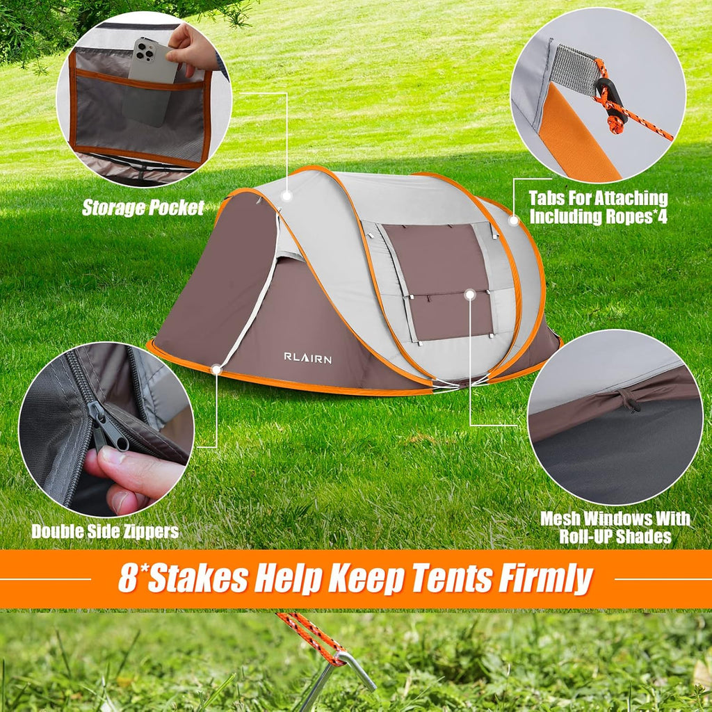 4 Person Pop Up Tent with 2 Mesh Windows & Doors Waterproof Brown V179689