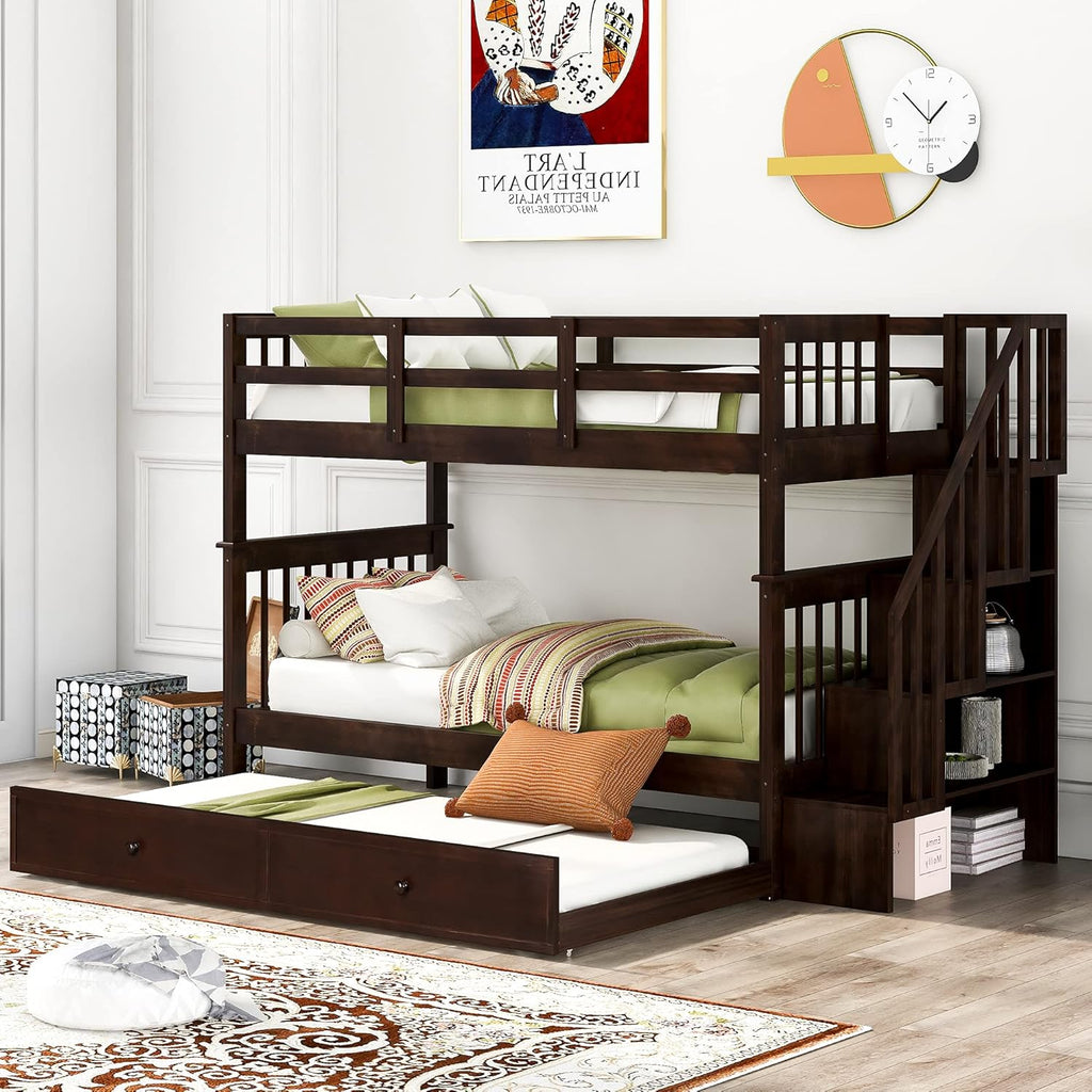 Twin Over Twin Wood Bunk Bed with Trundle and Staircase N742