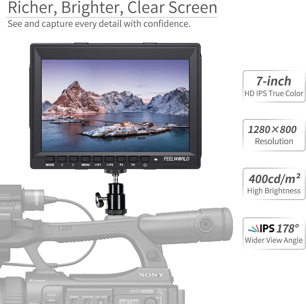 7 Inch DSLR Camera Field Monitor IPS 1280x800 4K HDMI with Sunshade R78801