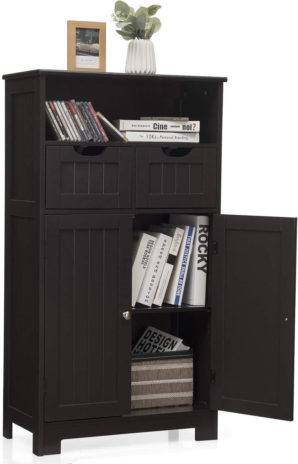 Black Bathroom Floor Cabinet with One Open Shelf Two Doors and Two Adjustable Drawers K5810