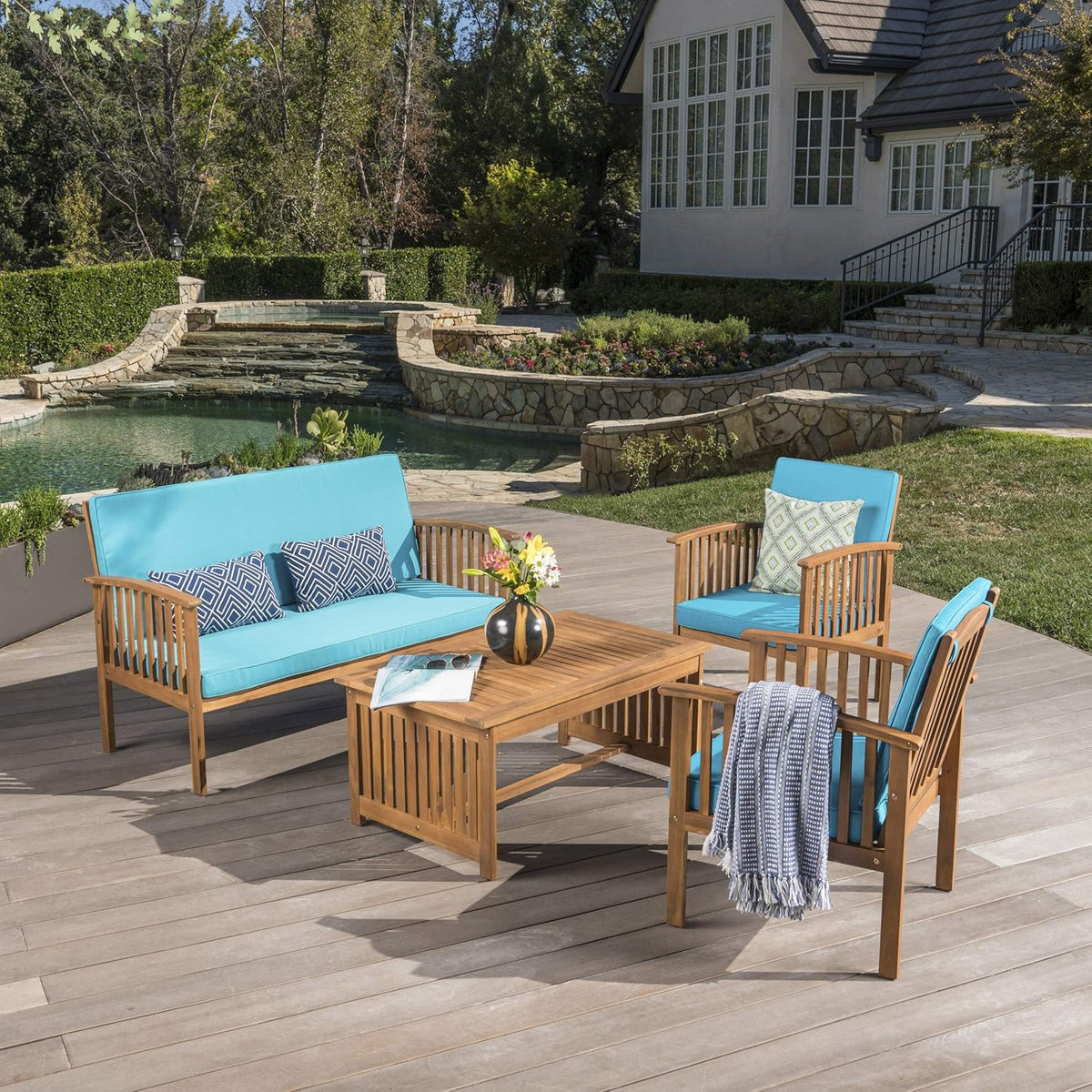 Acacia Wood Sofa Set with Water Resistant Cushions, 4-Pcs Set W2852