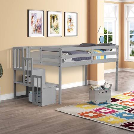 Twin Size Wood Loft Bed with Staircase L80205