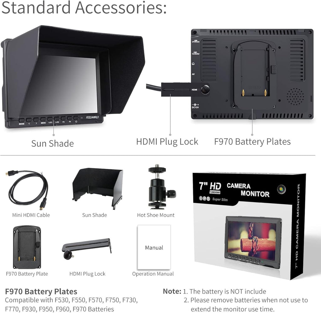 7 Inch DSLR Camera Field Monitor IPS 1280x800 4K HDMI with Sunshade R78801