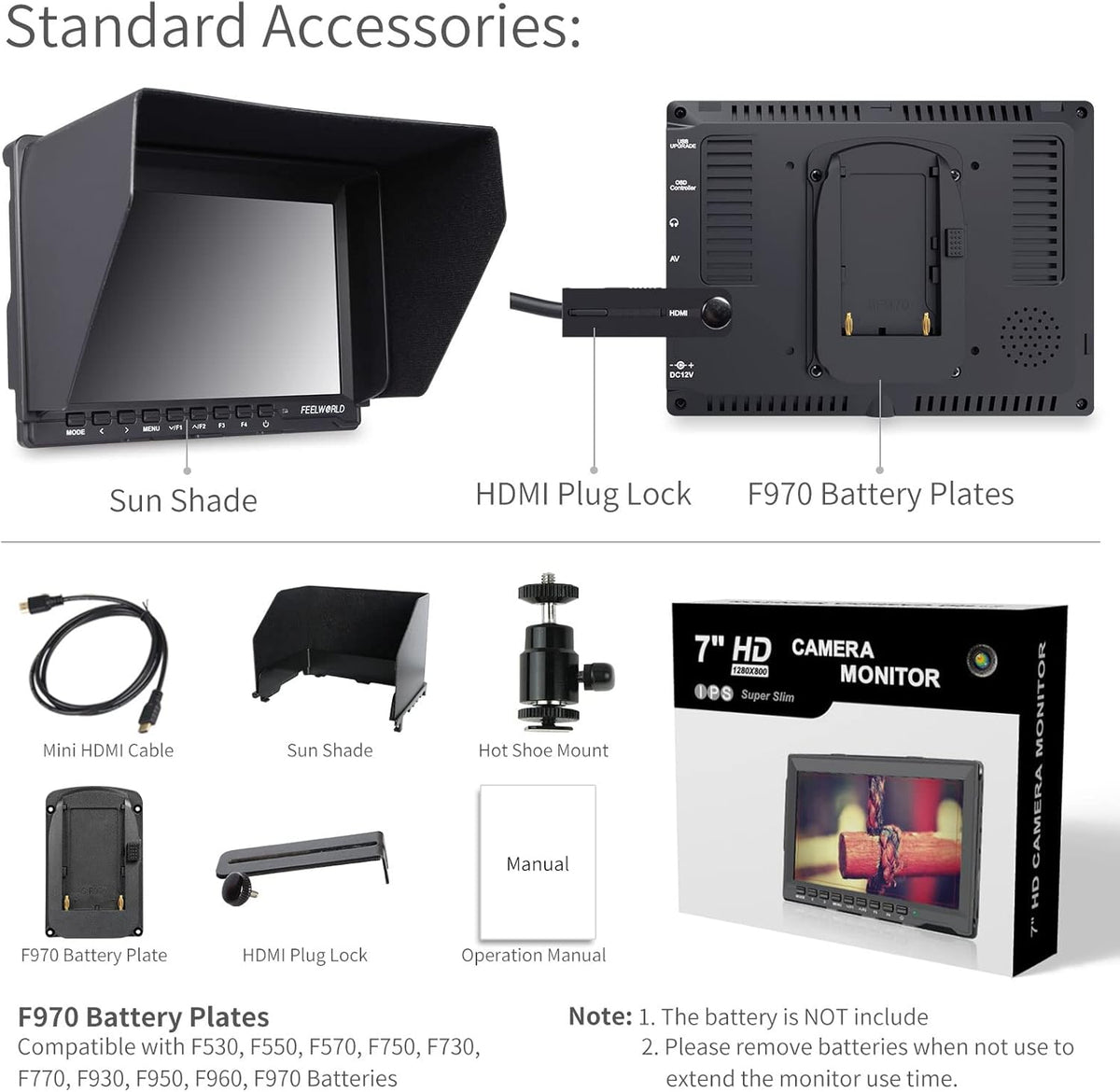 7 Inch DSLR Camera Field Monitor IPS 1280x800 4K HDMI with Sunshade R78801